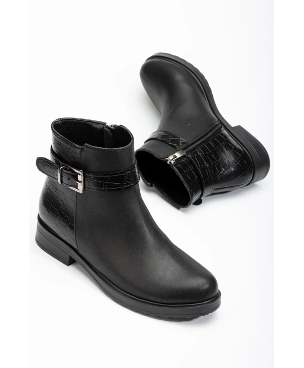 165-204/1 Siyaha Kroko Toka Aksesuarlı Fermuarlı Günlük Kadın Bot