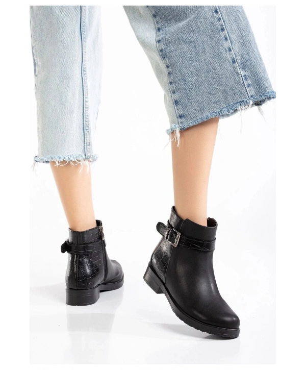 165-204/1 Siyaha Kroko Toka Aksesuarlı Fermuarlı Günlük Kadın Bot