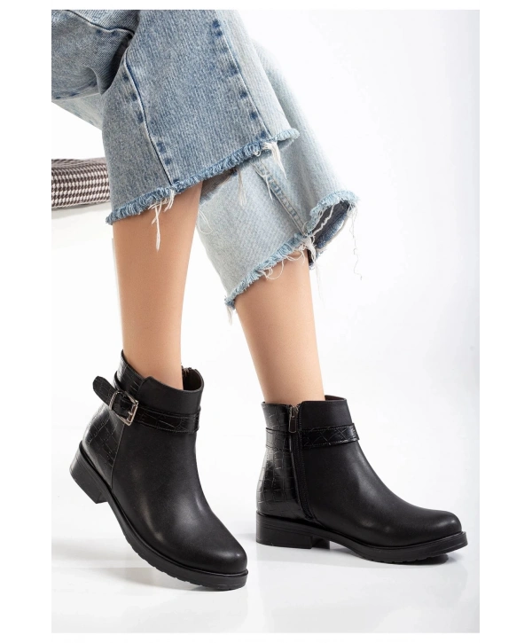 165-204/1 Siyaha Kroko Toka Aksesuarlı Fermuarlı Günlük Kadın Bot