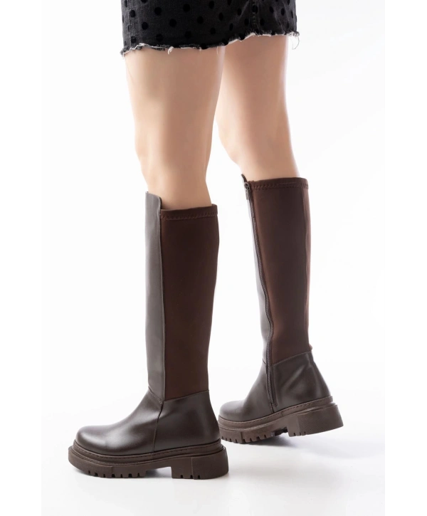 812-305 Kahve Arkası Streç Fermuarlı Günlük Kadın Çizme