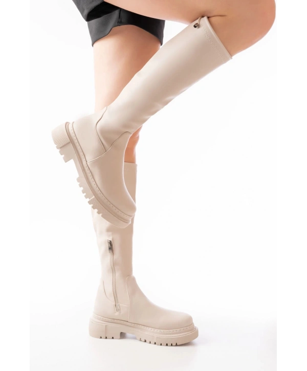 812-2291 Bej Fermuarlı Günlük Kadın Çizme