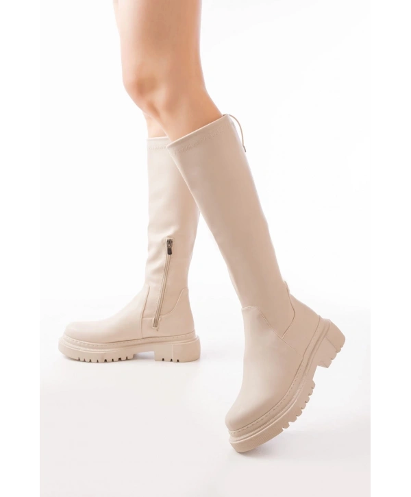 812-2291 Bej Fermuarlı Günlük Kadın Çizme