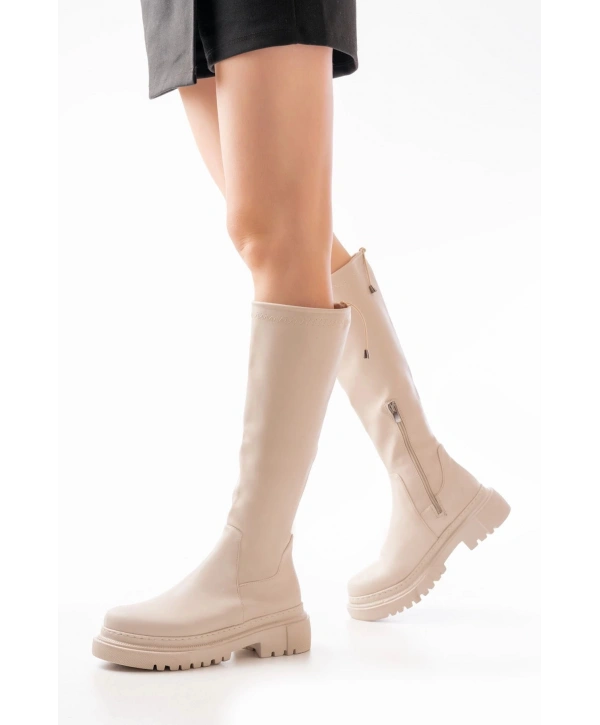 812-2291 Bej Fermuarlı Günlük Kadın Çizme