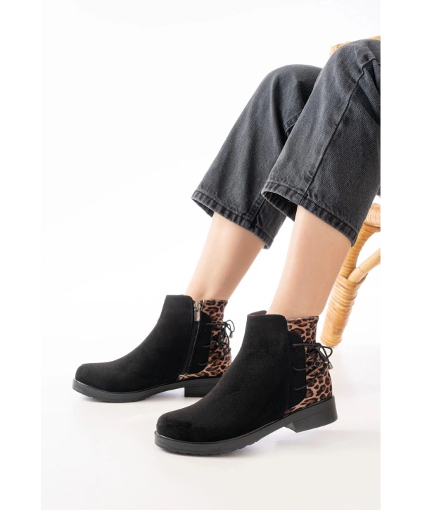 165-209 Siyah Leopar Arka Bağcık Aksesuarlı Fermuarlı Günlük Kadın Bot