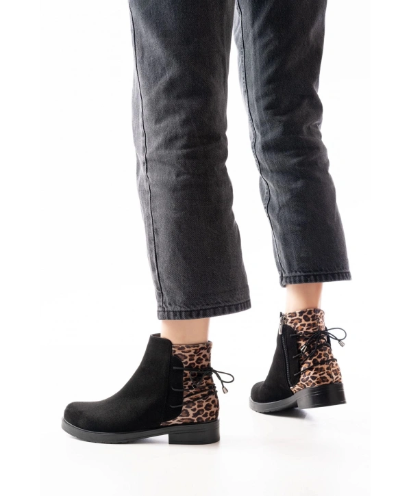 165-209 Siyah Leopar Arka Bağcık Aksesuarlı Fermuarlı Günlük Kadın Bot