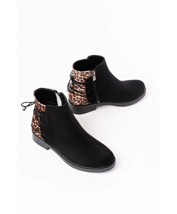 165-209 Siyah Leopar Arka Bağcık Aksesuarlı Fermuarlı Günlük Kadın Bot