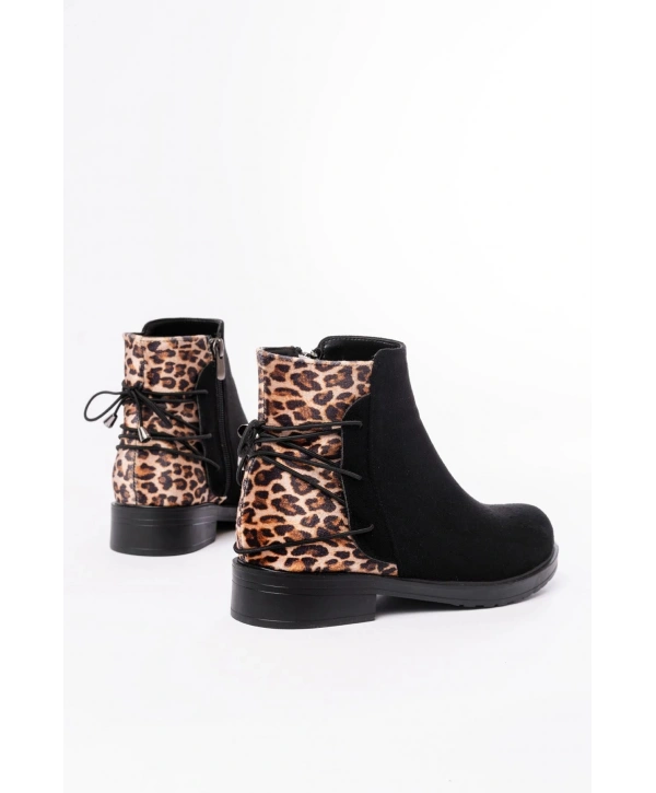 165-209 Siyah Leopar Arka Bağcık Aksesuarlı Fermuarlı Günlük Kadın Bot