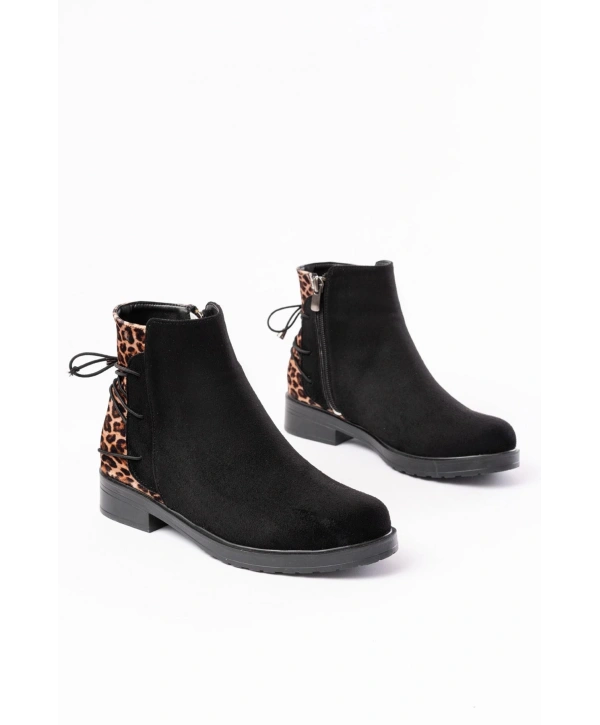 165-209 Siyah Leopar Arka Bağcık Aksesuarlı Fermuarlı Günlük Kadın Bot