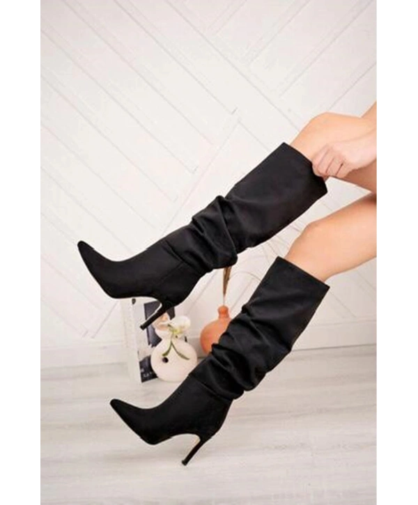 SYT-2003 Siyah Süet Körüklü İnce Topuklu Günlük Bayan Çizme