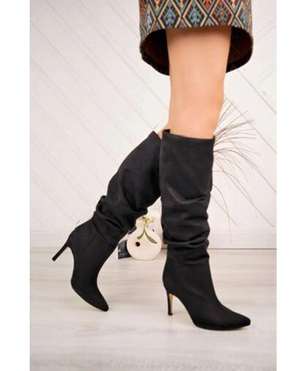 SYT-2003 Siyah Süet Körüklü İnce Topuklu Günlük Bayan Çizme