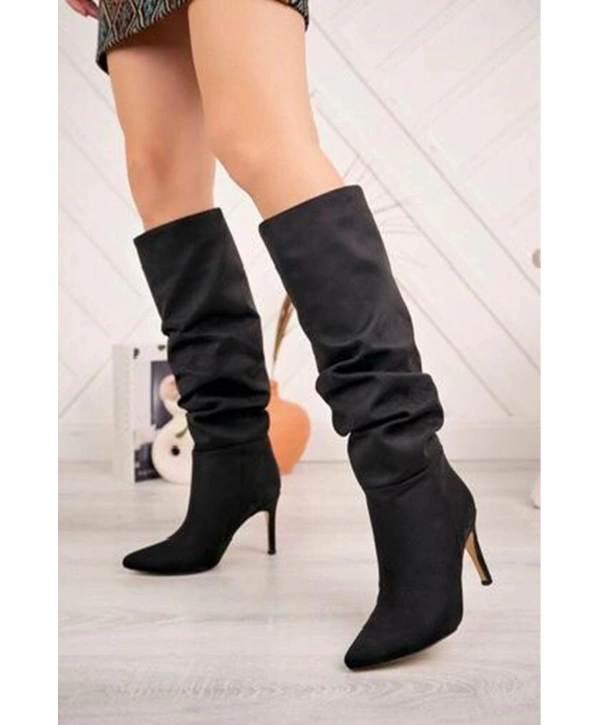SYT-2003 Siyah Süet Körüklü İnce Topuklu Günlük Bayan Çizme