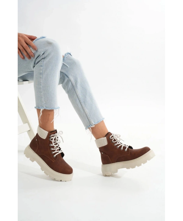 LMÇ-2045 Kahverengi Süet Bağcıklı Kalın Taban Kadın Günlük Bot
