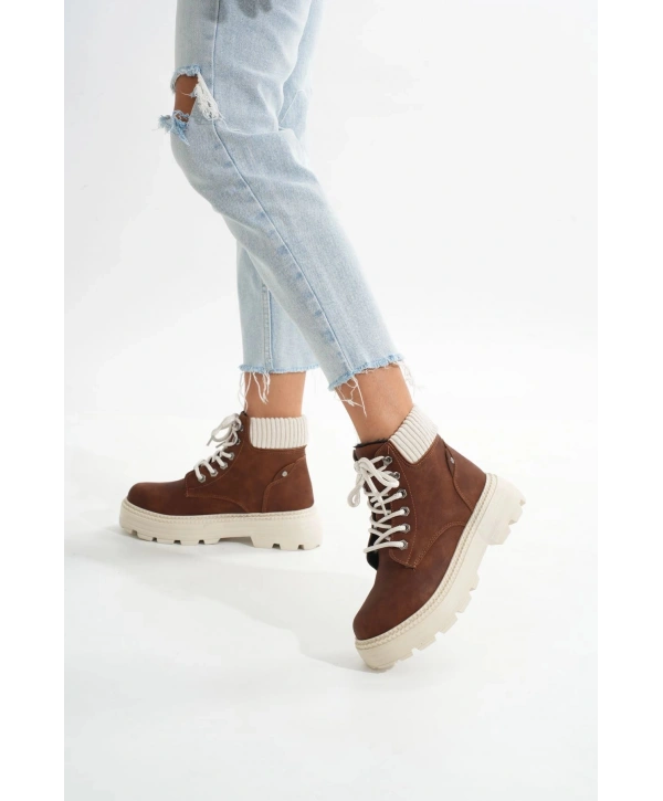 LMÇ-2045 Kahverengi Süet Bağcıklı Kalın Taban Kadın Günlük Bot