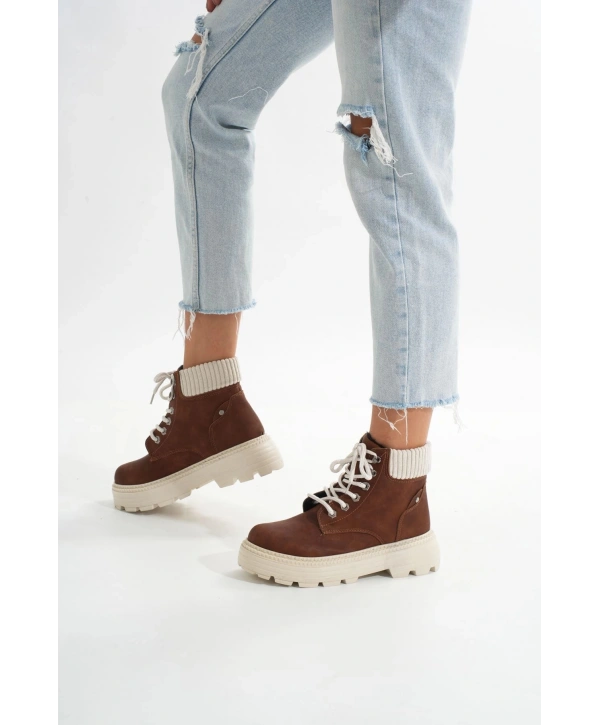 LMÇ-2045 Kahverengi Süet Bağcıklı Kalın Taban Kadın Günlük Bot