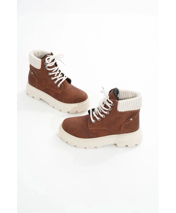 LMÇ-2045 Kahverengi Süet Bağcıklı Kalın Taban Kadın Günlük Bot
