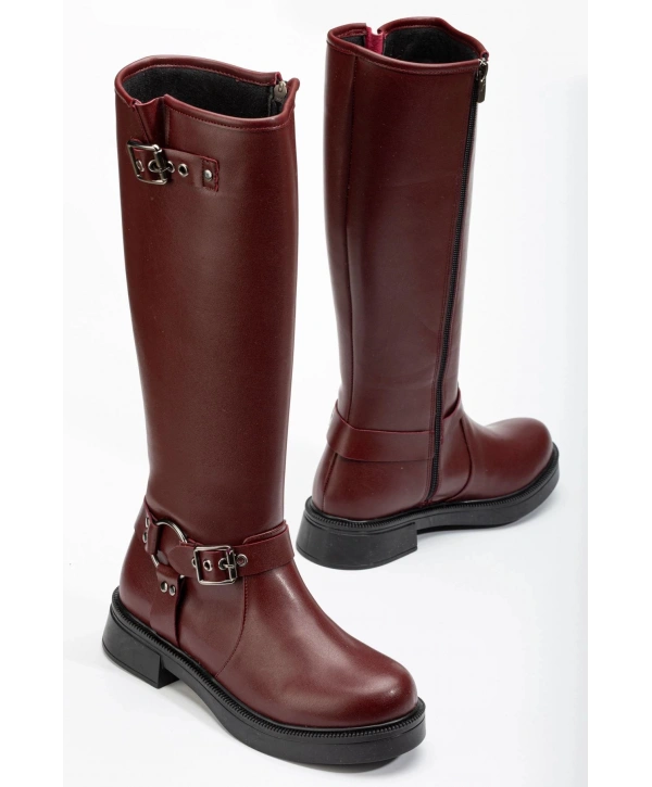 02-312 Bordo Toka Aksesuarlı Fermuarlı Günlük Kadın Çizme