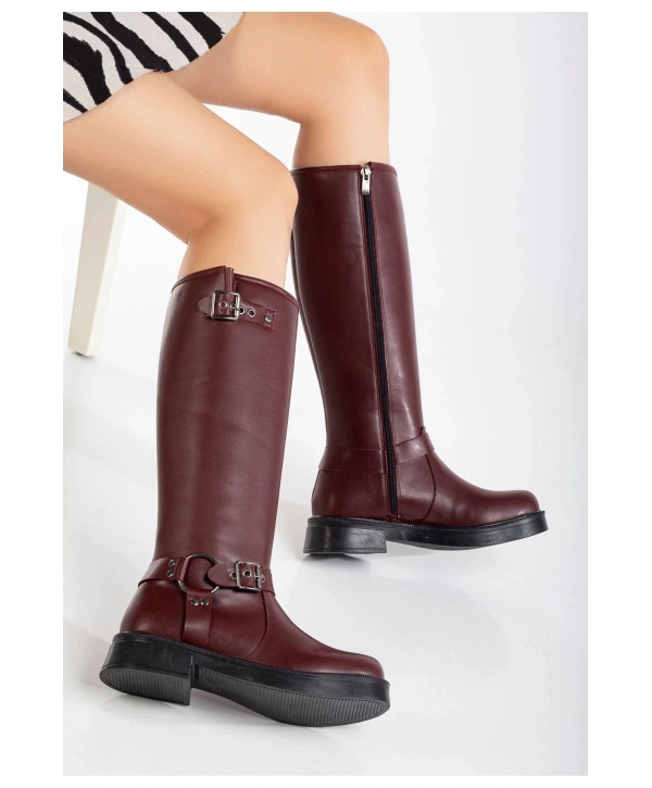02-312 Bordo Toka Aksesuarlı Fermuarlı Günlük Kadın Çizme