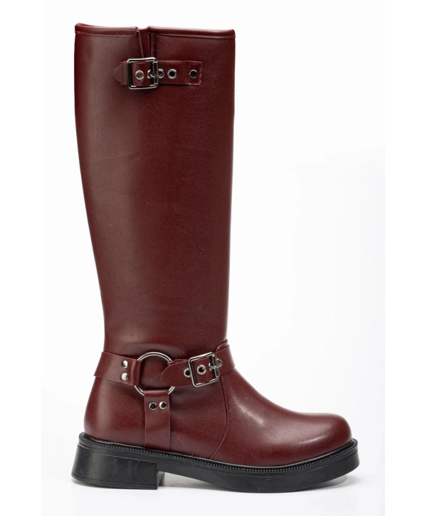 02-312 Bordo Toka Aksesuarlı Fermuarlı Günlük Kadın Çizme