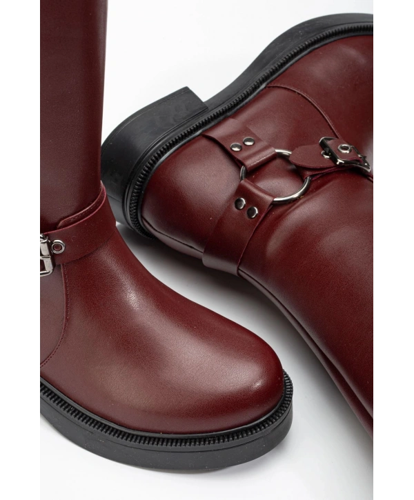 02-312 Bordo Toka Aksesuarlı Fermuarlı Günlük Kadın Çizme