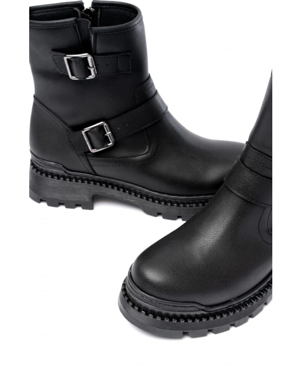 2051-2014 Siyah Tokalı Düz Topuklu Tokalı Fermuarlı Günlük Kadın Bot