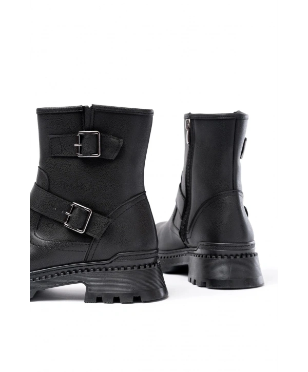 2051-2014 Siyah Tokalı Düz Topuklu Tokalı Fermuarlı Günlük Kadın Bot