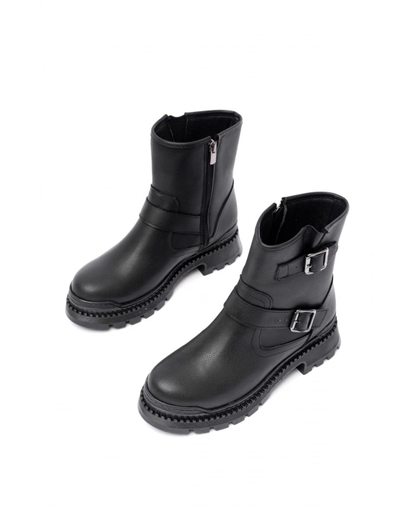 2051-2014 Siyah Tokalı Düz Topuklu Tokalı Fermuarlı Günlük Kadın Bot