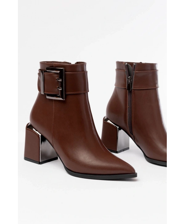 DNZ-400 Kahverengi Toka Aksesuarlı Topuklu Fermuarlı Günlük Kadın Bot