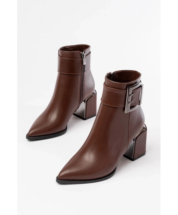 DNZ-400 Kahverengi Toka Aksesuarlı Topuklu Fermuarlı Günlük Kadın Bot