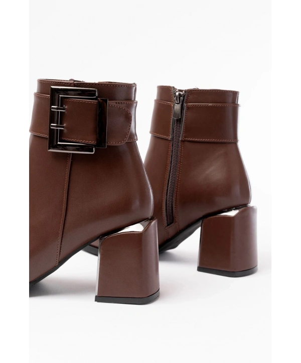 DNZ-400 Kahverengi Toka Aksesuarlı Topuklu Fermuarlı Günlük Kadın Bot