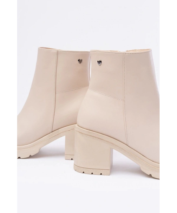 767-3020 Bej Fermuarlı Kalın Topuklu Günlük Kadın Bot