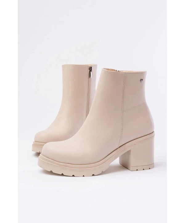 767-3020 Bej Fermuarlı Kalın Topuklu Günlük Kadın Bot