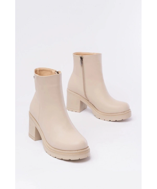 767-3020 Bej Fermuarlı Kalın Topuklu Günlük Kadın Bot