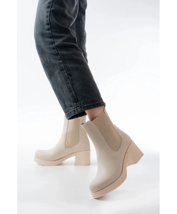 5109-3056 Bej Lastikli  Kalın Topuklu Günlük Kadın Bot