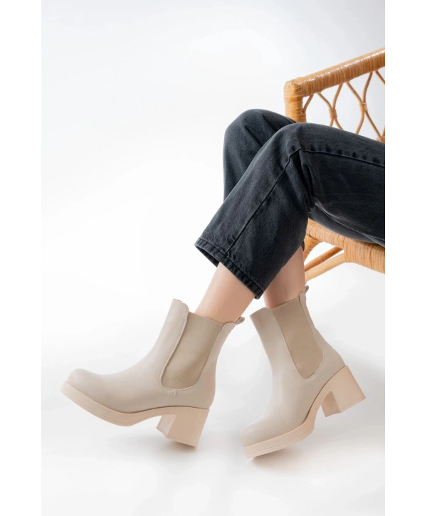 5109-3056 Bej Lastikli  Kalın Topuklu Günlük Kadın Bot