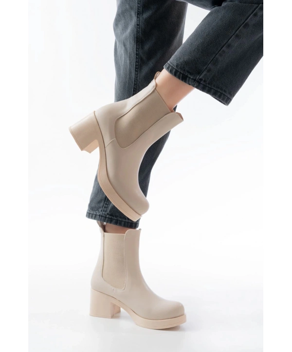 5109-3056 Bej Lastikli  Kalın Topuklu Günlük Kadın Bot