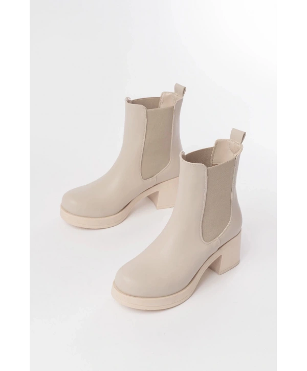 5109-3056 Bej Lastikli  Kalın Topuklu Günlük Kadın Bot