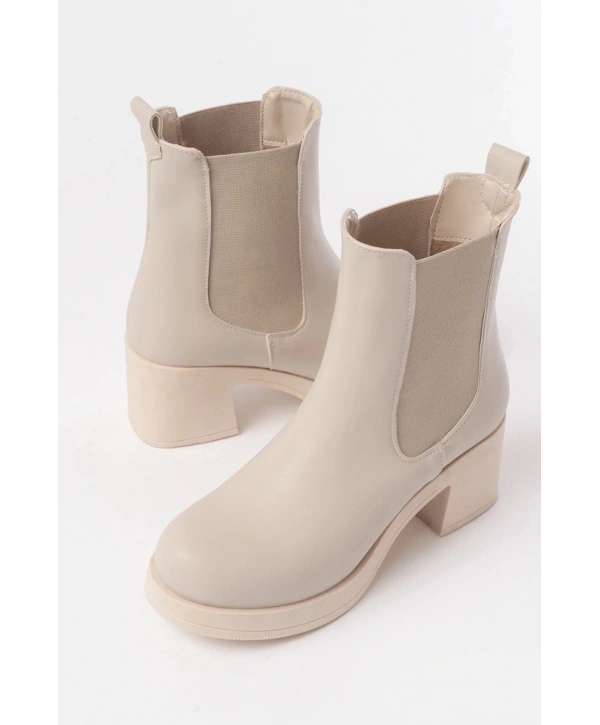 5109-3056 Bej Lastikli  Kalın Topuklu Günlük Kadın Bot
