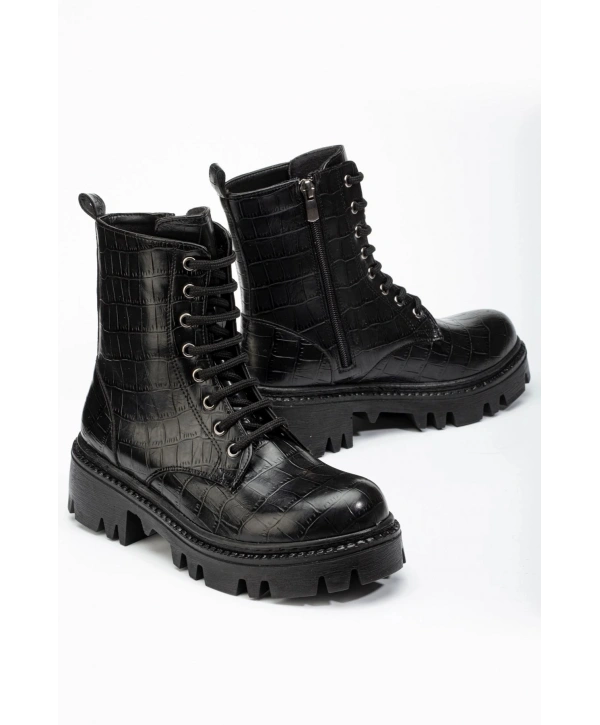 868-2289 Siyah Kroko Bağcıklı Fermuarlı Günlük Kadın Bot
