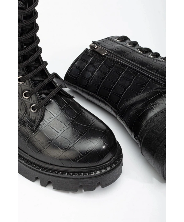 868-2289 Siyah Kroko Bağcıklı Fermuarlı Günlük Kadın Bot