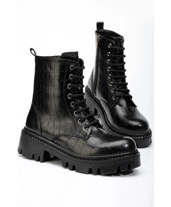 868-2289 Siyah Kroko Bağcıklı Fermuarlı Günlük Kadın Bot