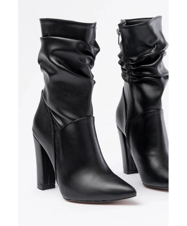 VRT-4815 Siyah Yüksek Kalın Topuklu Körüklü Fermuarlı Kadın Bot