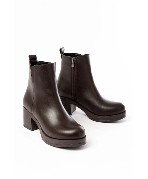5109-3057 Kahverengi Lastikli Fermuarlı Kalın Topuklu Günlük Kadın Bot
