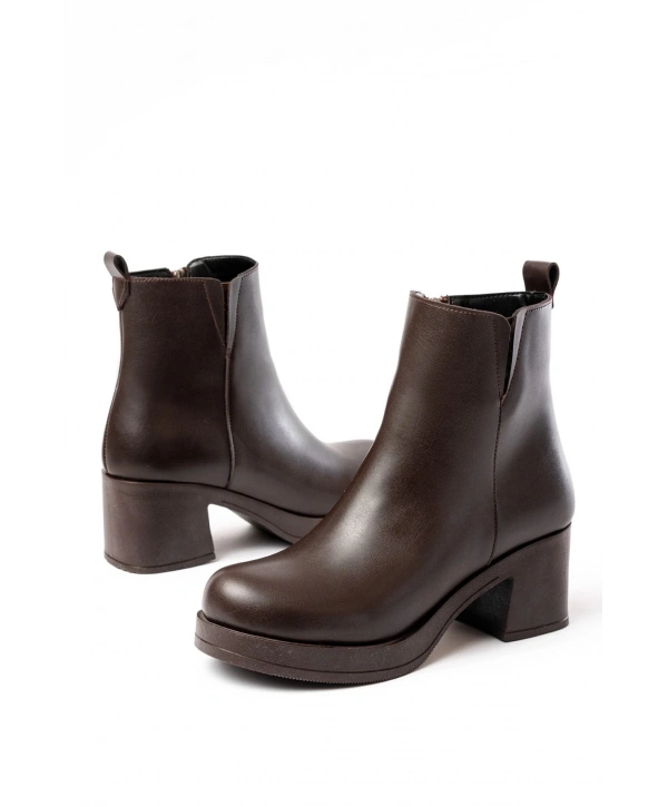 5109-3057 Kahverengi Lastikli Fermuarlı Kalın Topuklu Günlük Kadın Bot