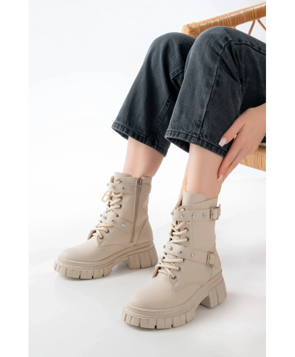 842-03 Bej Bağcıklı Kalın Tabanlı Bağcıklı Fermuarlı Günlük Kadın Bot
