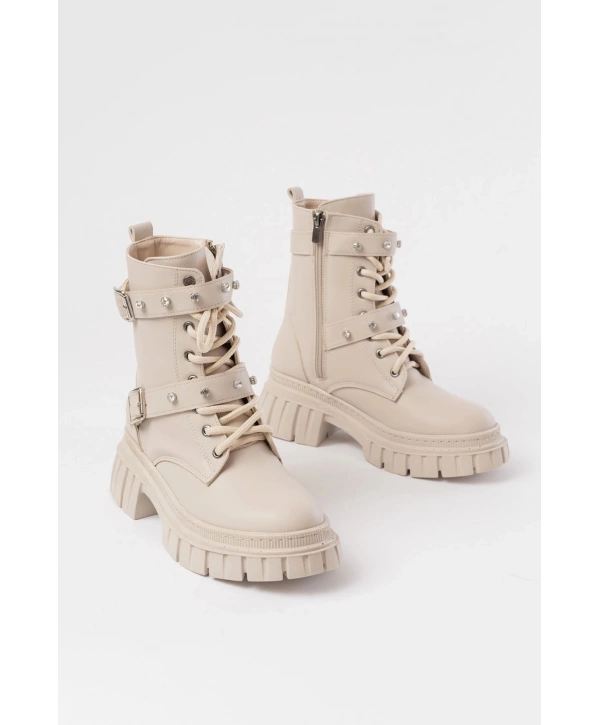 842-03 Bej Bağcıklı Kalın Tabanlı Bağcıklı Fermuarlı Günlük Kadın Bot