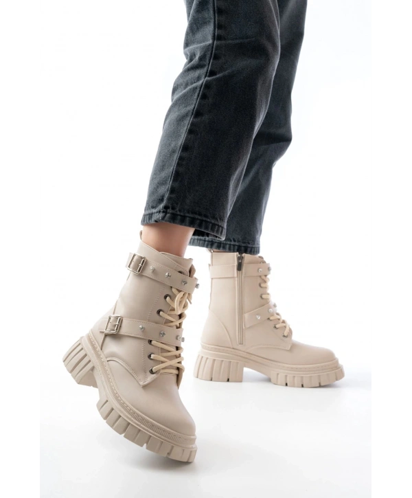842-03 Bej Bağcıklı Kalın Tabanlı Bağcıklı Fermuarlı Günlük Kadın Bot