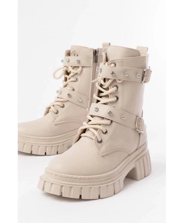 842-03 Bej Bağcıklı Kalın Tabanlı Bağcıklı Fermuarlı Günlük Kadın Bot