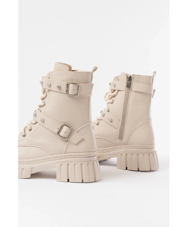 842-03 Bej Bağcıklı Kalın Tabanlı Bağcıklı Fermuarlı Günlük Kadın Bot