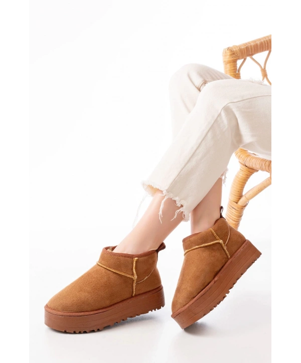 NDR-2850 Taba Süet İçi Kürklü Kışlık Kapalı Burun Kadın Günlük Terlik