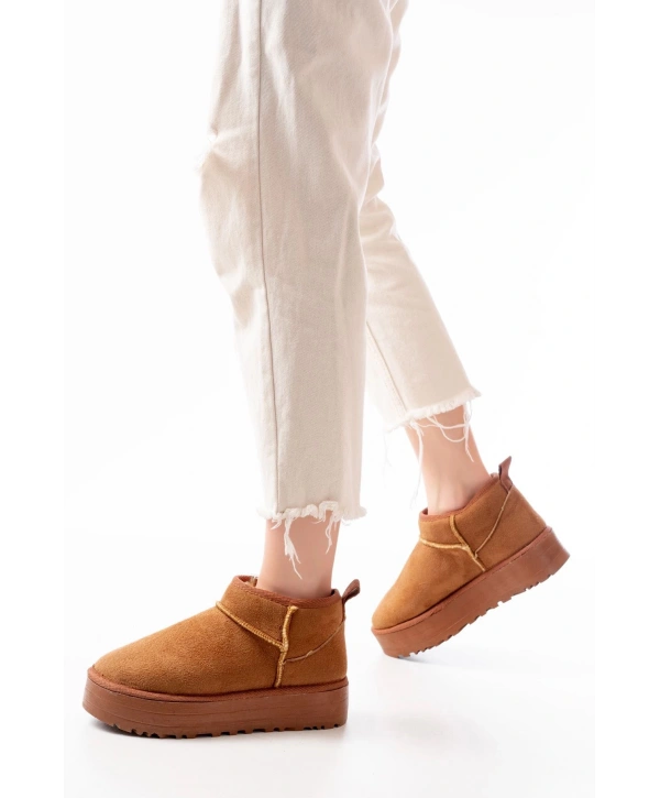 NDR-2850 Taba Süet İçi Kürklü Kışlık Kapalı Burun Kadın Günlük Terlik